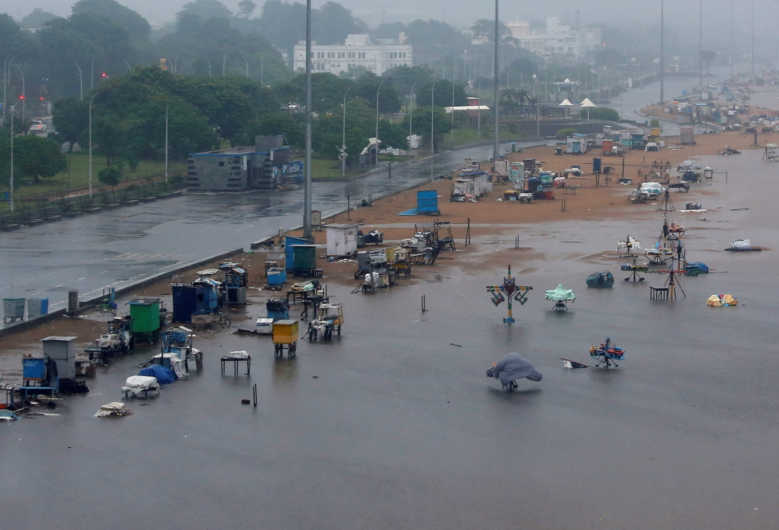 A deserted Marina beach is seen during rains before Cyclone Nivar’s landfall, in Chennai